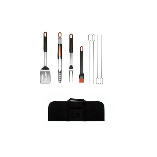Stainless Steel BBQ Grill Tool Set | Spatula, Tongs, Fork, Basting Brush & Skewers with Carry Case