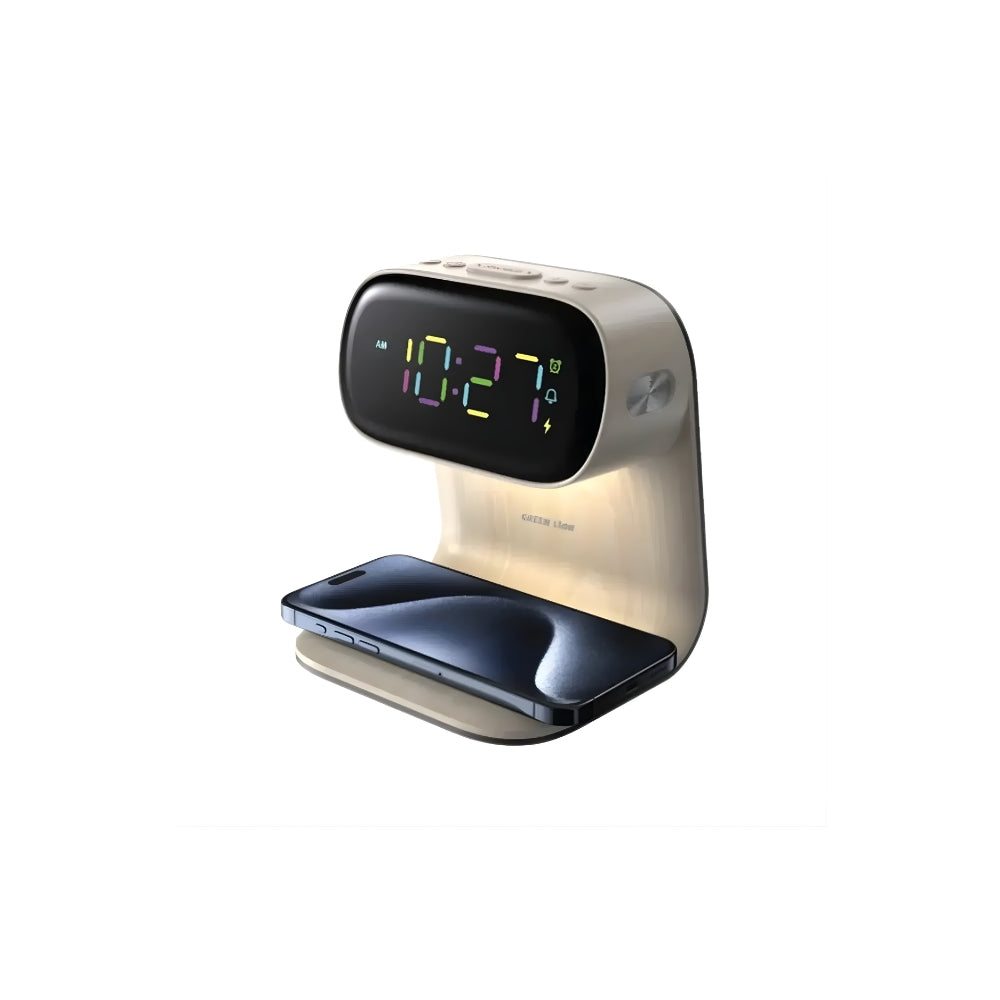 Green Lion Bedside Clock with Wireless Charger - Wood